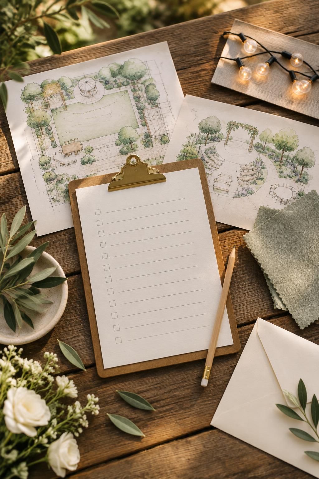 Blank checklist with garden layout sketches and string lights on a wooden table