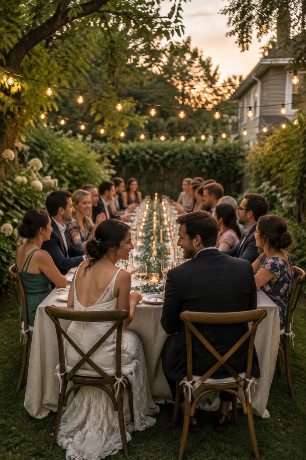 Newlyweds and close guests dining at a backyard wedding under string lights