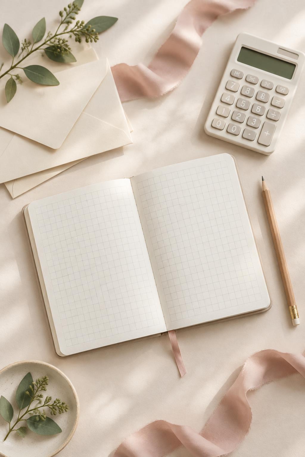 Open budget notebook with a calculator, pencil and cream envelopes