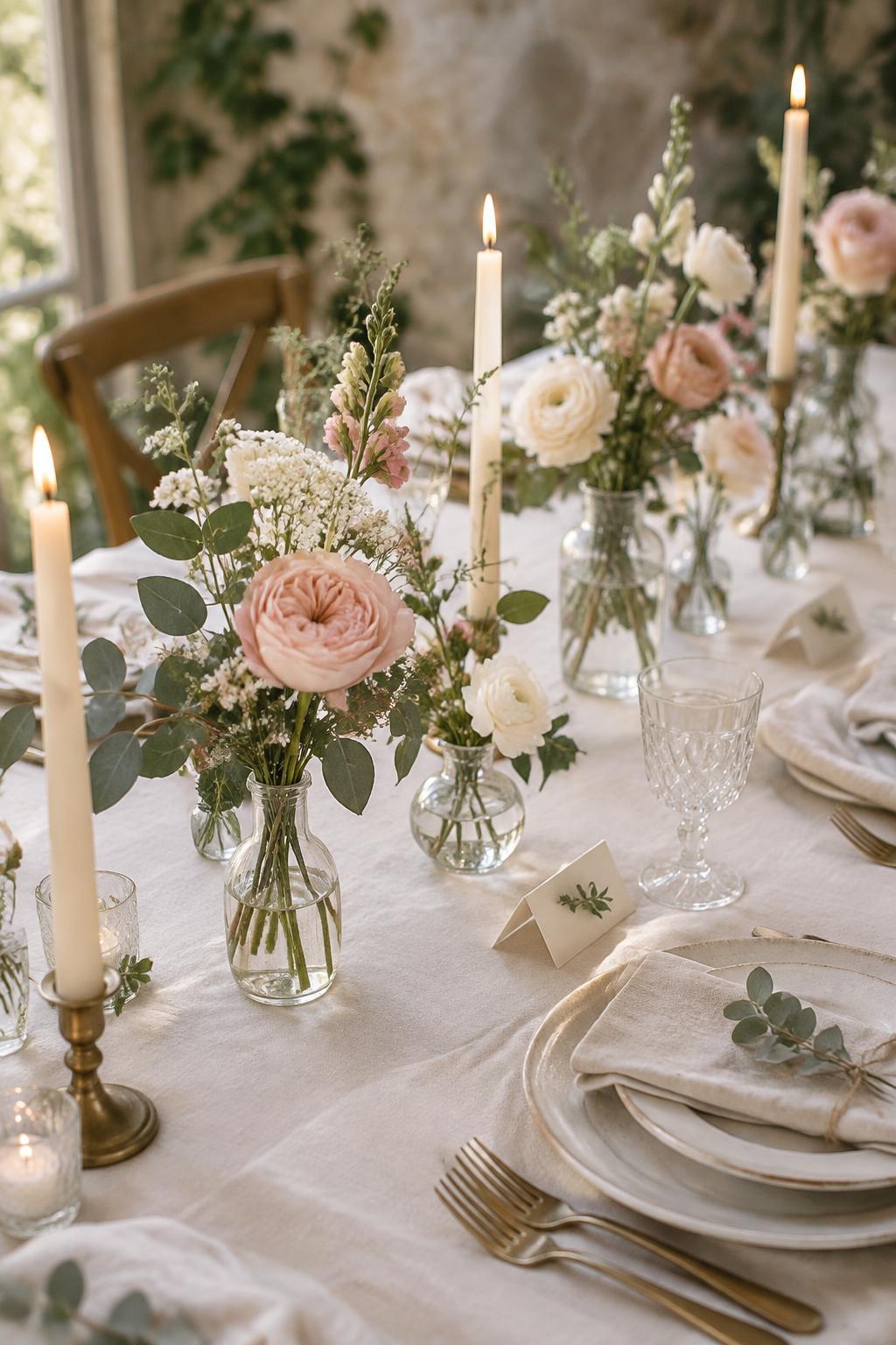Blush flowers in glass bud vases with candles on a cream wedding table