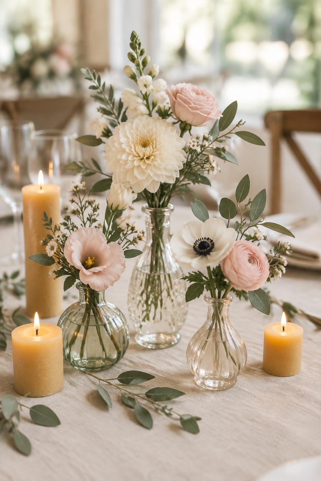 Seasonal ivory and blush flowers in small glass vases with candles