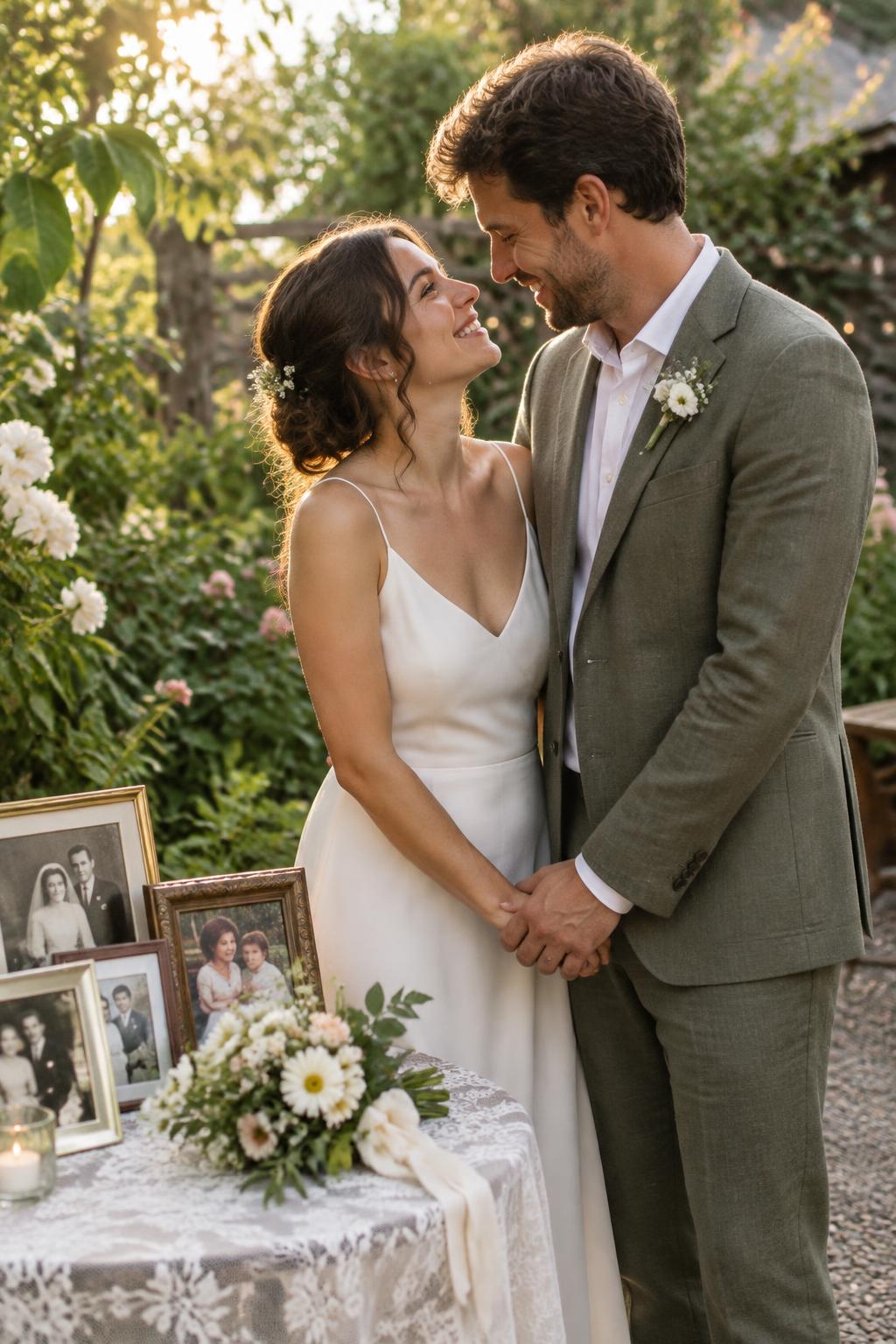 Newlyweds sharing a quiet moment beside a table of family photographs