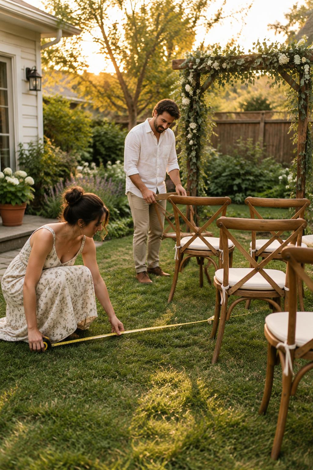 Couple measuring their backyard while arranging wooden ceremony chairs