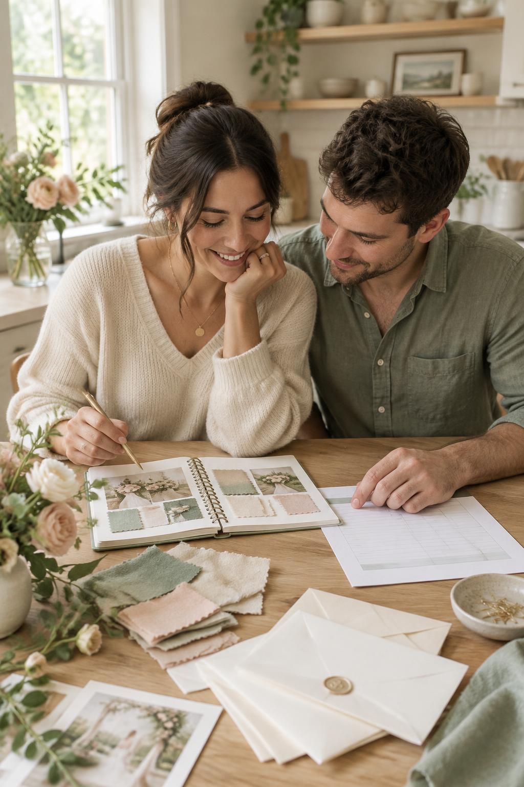 Engaged couple planning their wedding together at a kitchen table