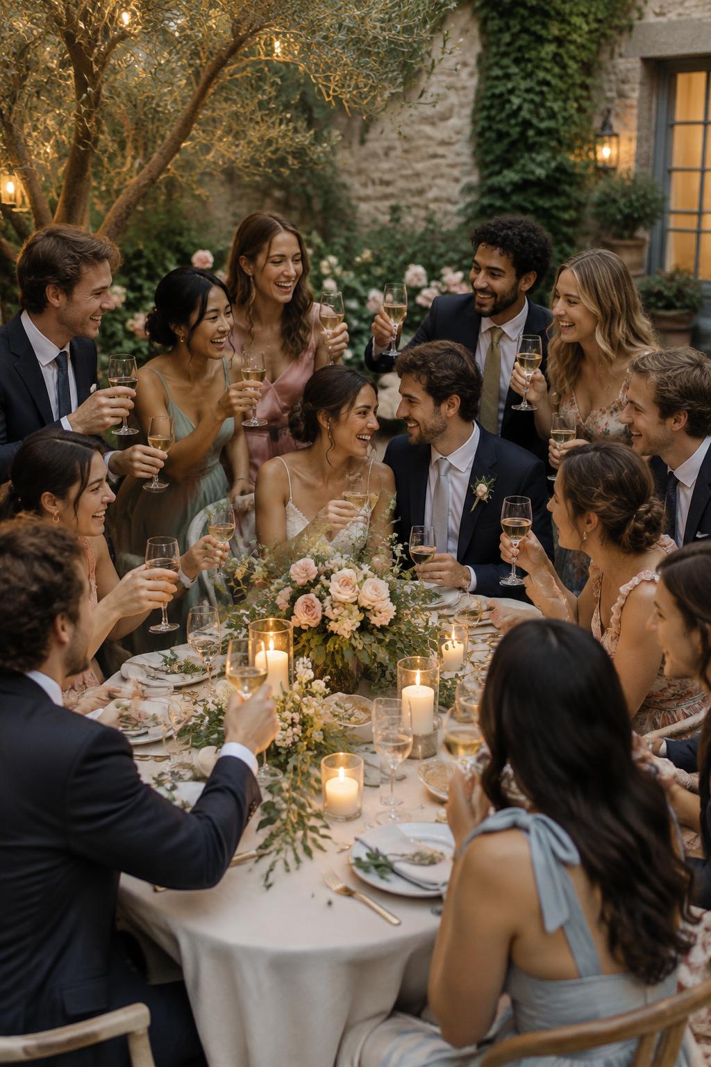 Newlyweds raising glasses with close friends at a courtyard reception