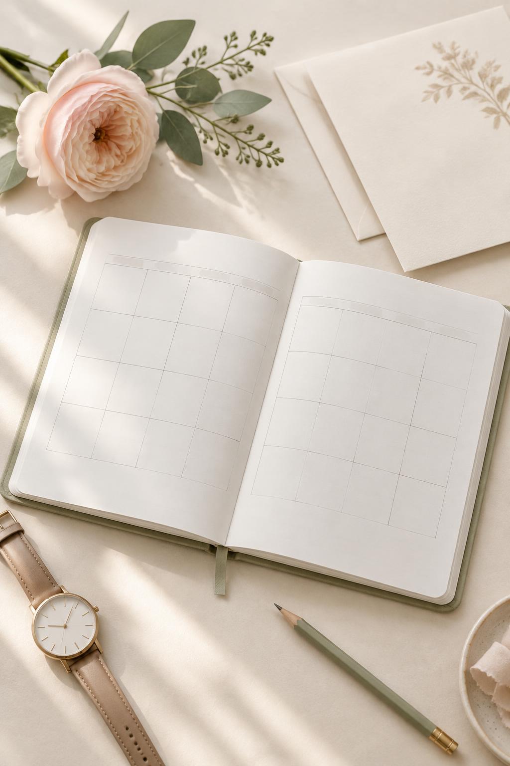 Open wedding planner with a watch, pencil, flower and cream stationery