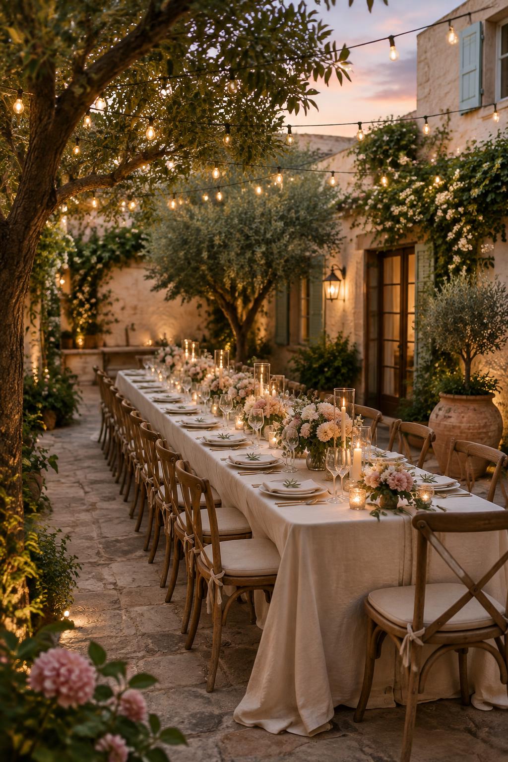 Small restaurant courtyard set for an intimate wedding dinner