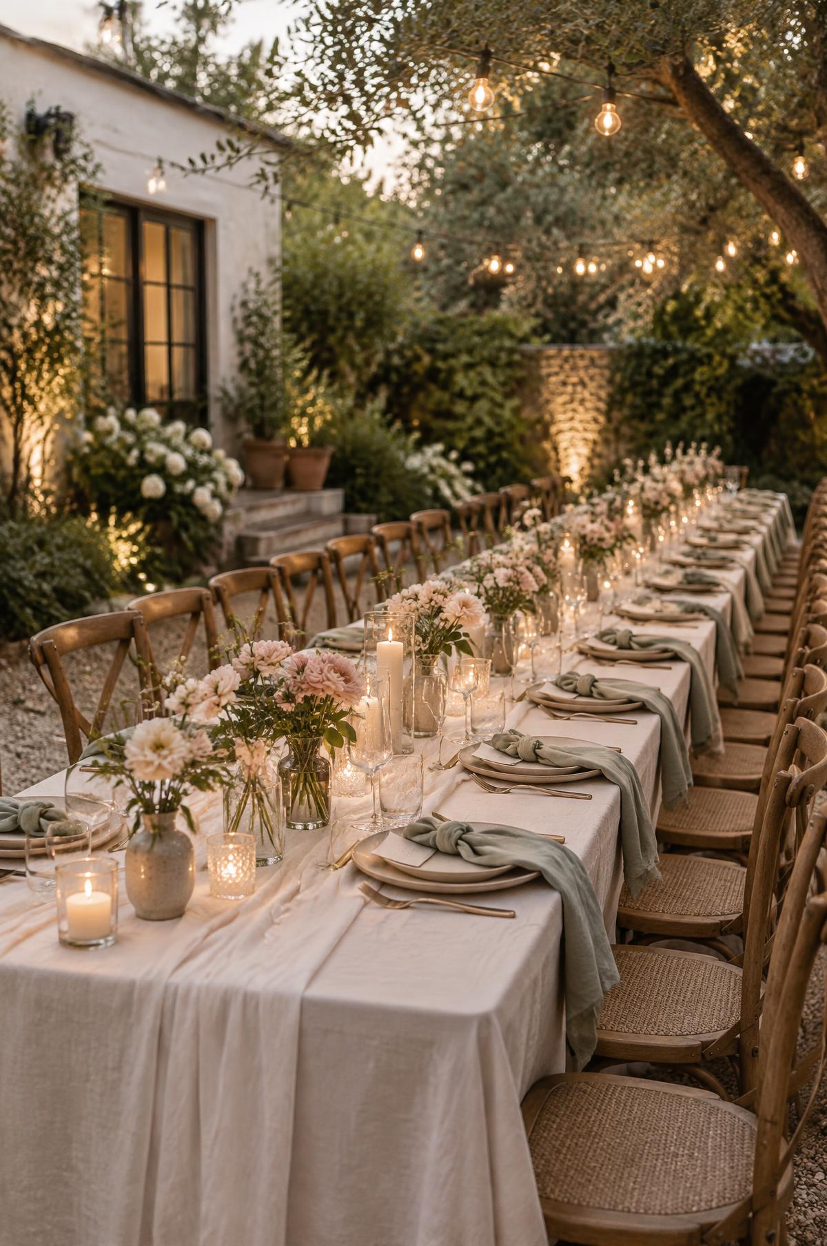 Backyard wedding reception set up with tables, chairs and lighting ready for guests