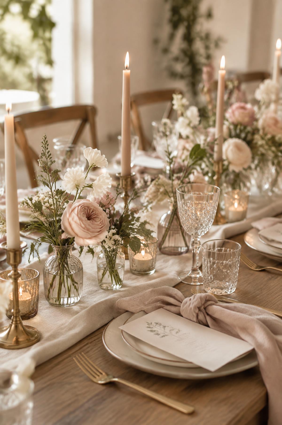 Simple seasonal flower centerpiece in a glass vase with candles on a wedding table