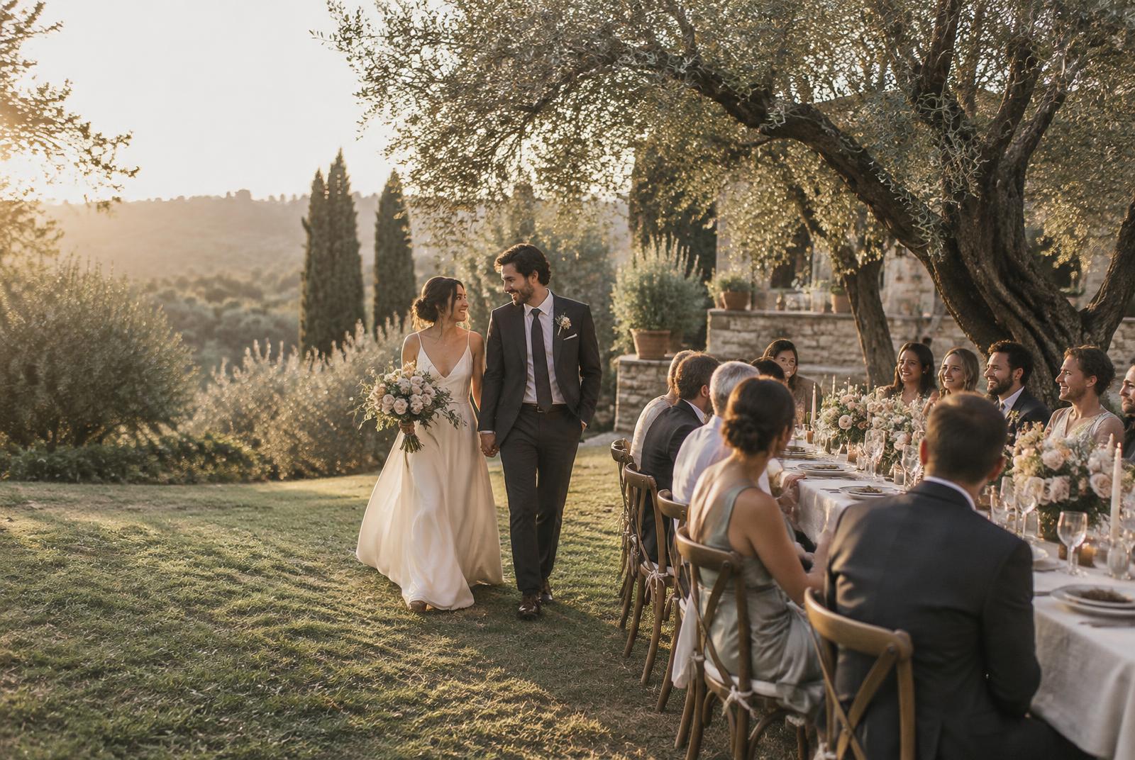 An intimate outdoor wedding dinner under olive trees