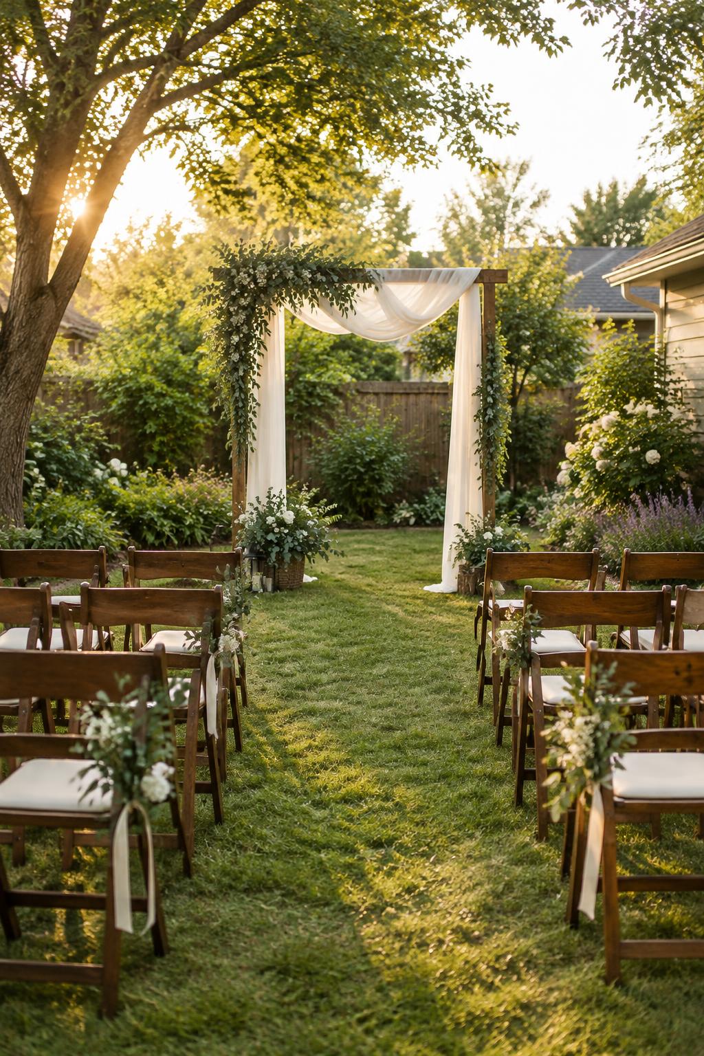 Intimate backyard wedding ceremony with wooden chairs and a simple greenery arch