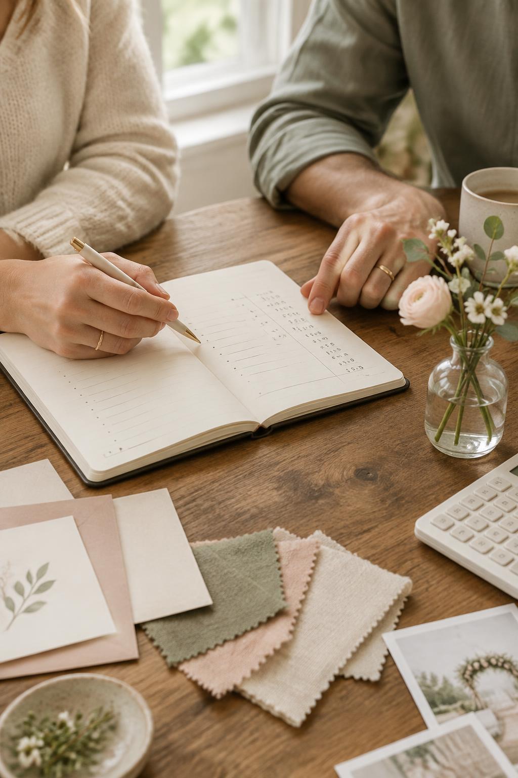 Couple planning a small wedding budget together with a notebook and fabric samples