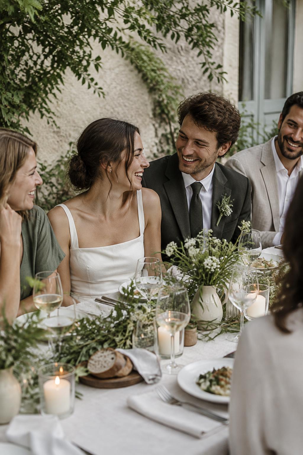 Newlyweds sharing a relaxed family-style dinner with a few close wedding guests